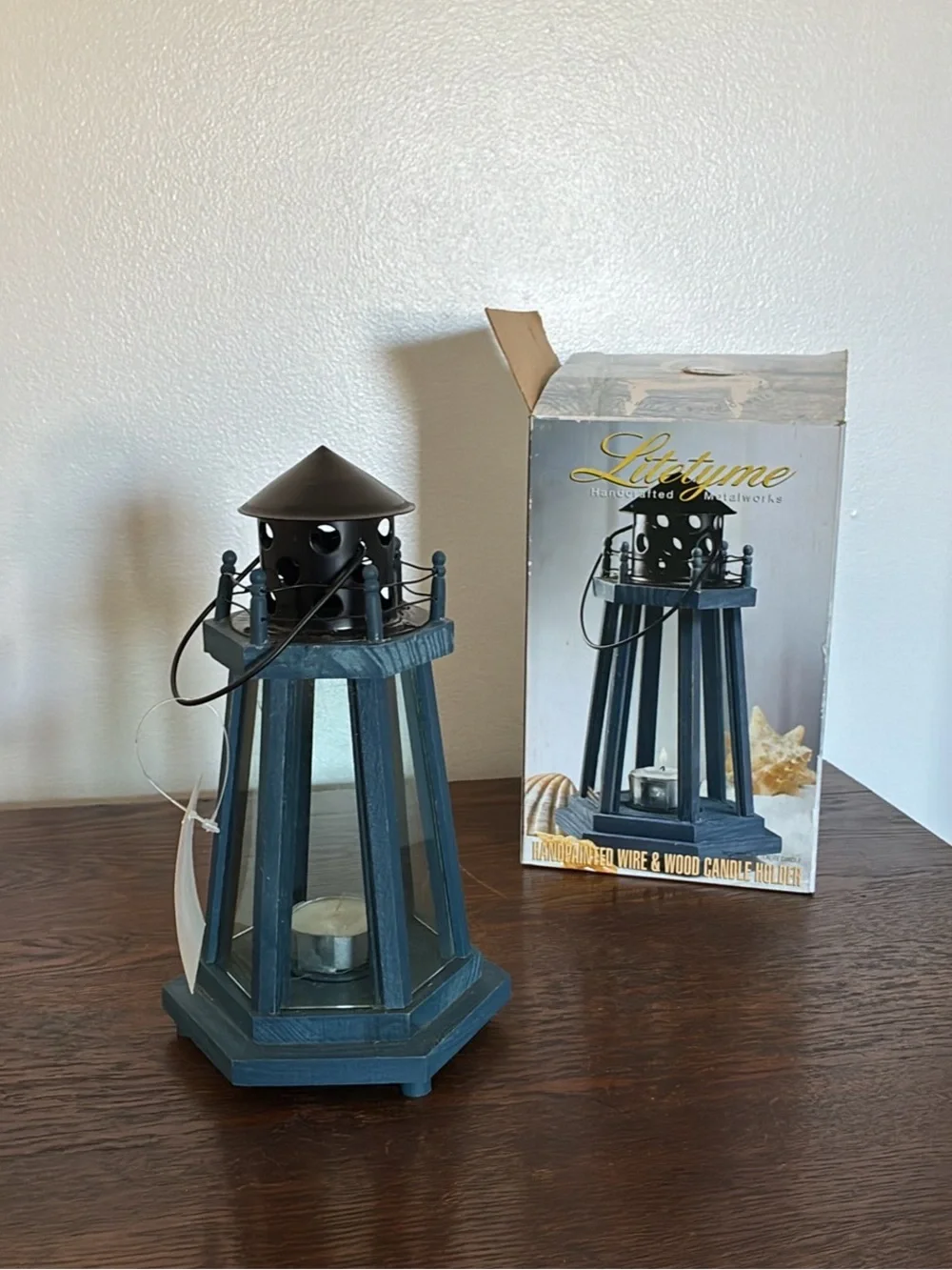 BNIB- Hand Painted- Blue Wood & Wire Lighthouse Candle Holder